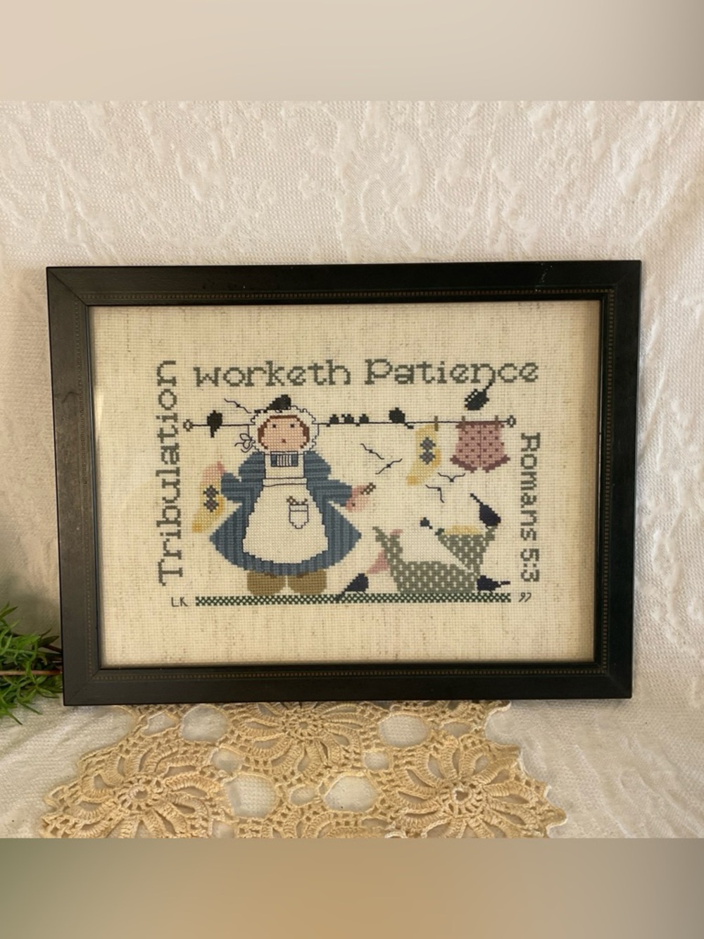 Vintage Cross Stitch Framed Tribulation Worketh Patience Romans 5:3